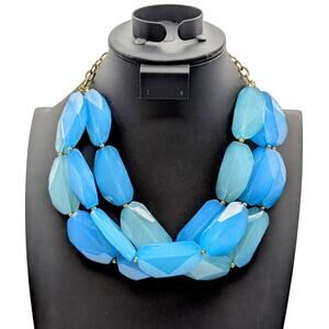 Chunky Three Strand Blue Green Acrylic/Lucite Beaded Statement 18"-23" Necklace